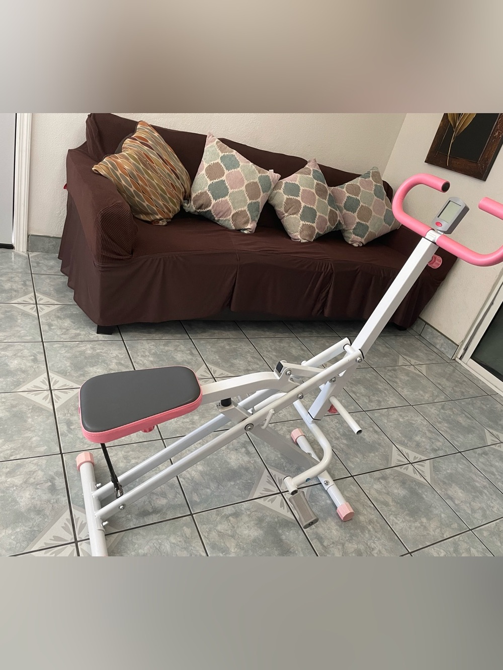 Compact White & Pink Home Rowing Machine